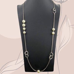 Silver Tone Metal Link Pearl Accent Long Statement Necklace